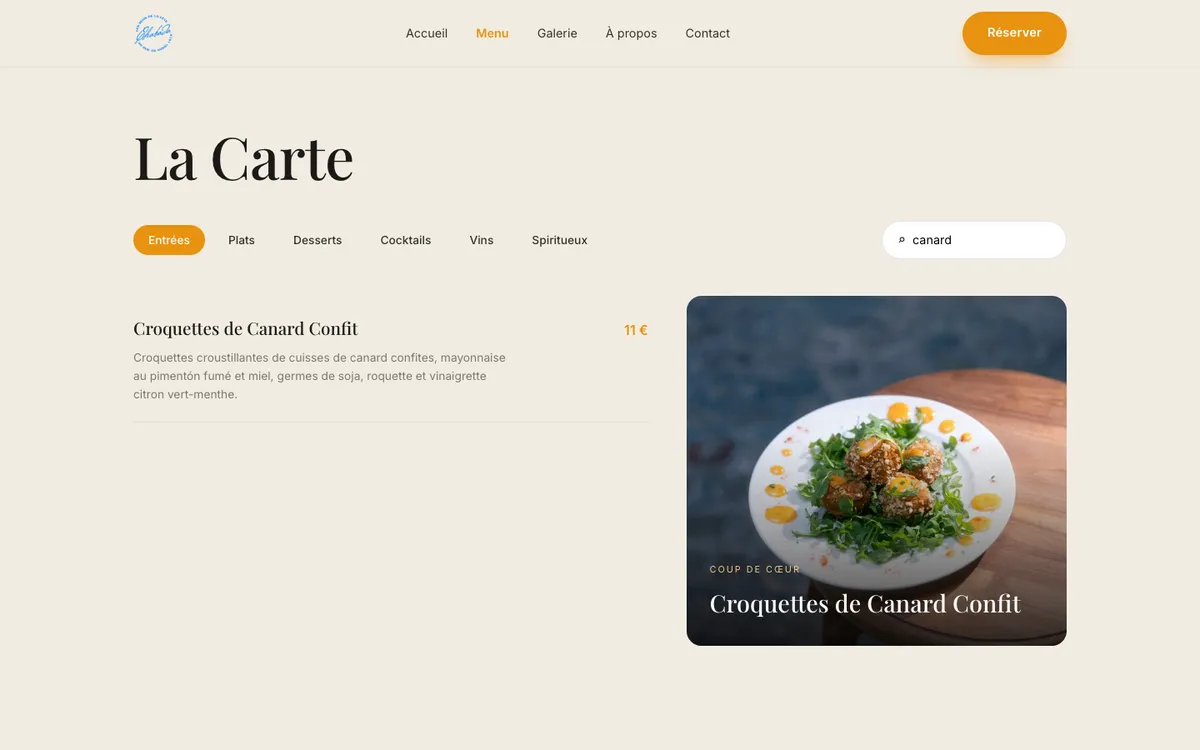 Menu filtered by the search word canard
