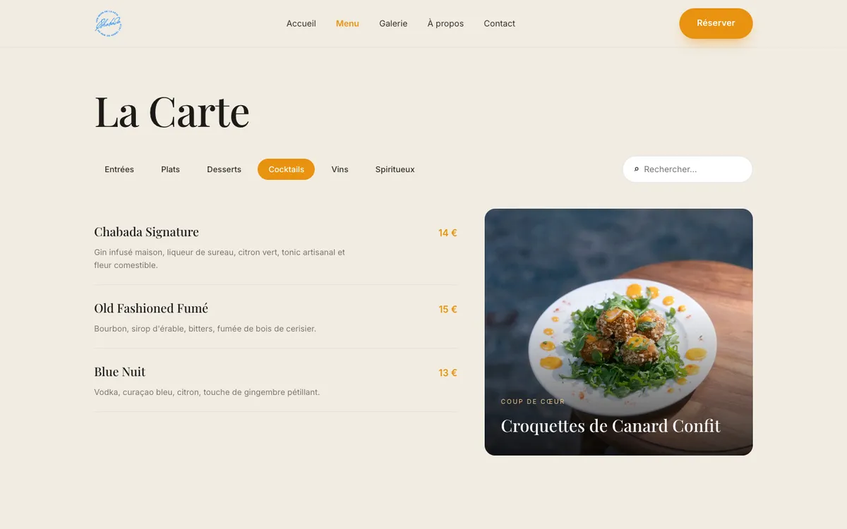 Menu with the Cocktails tab selected