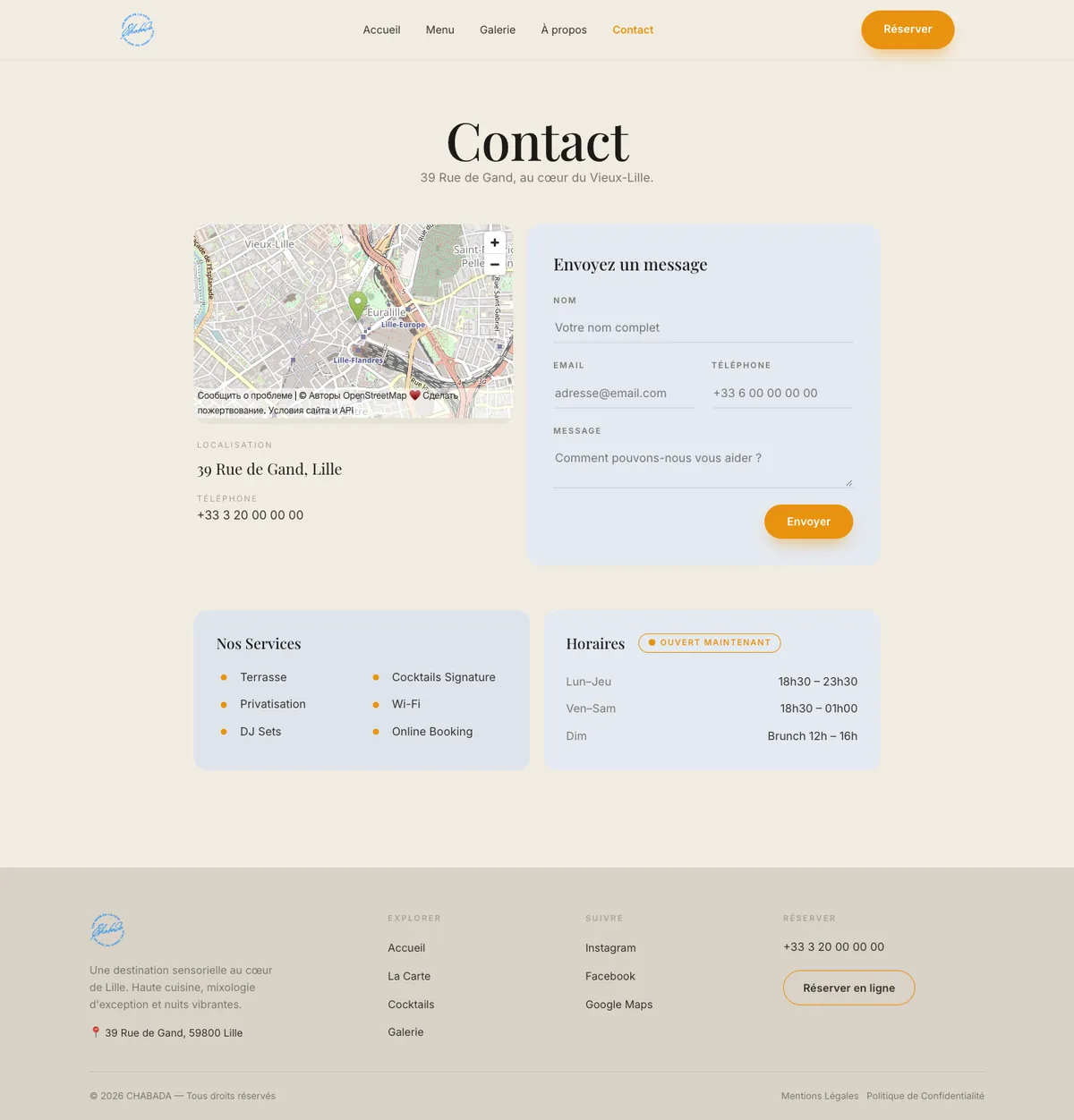 Contact page with map, form and hours