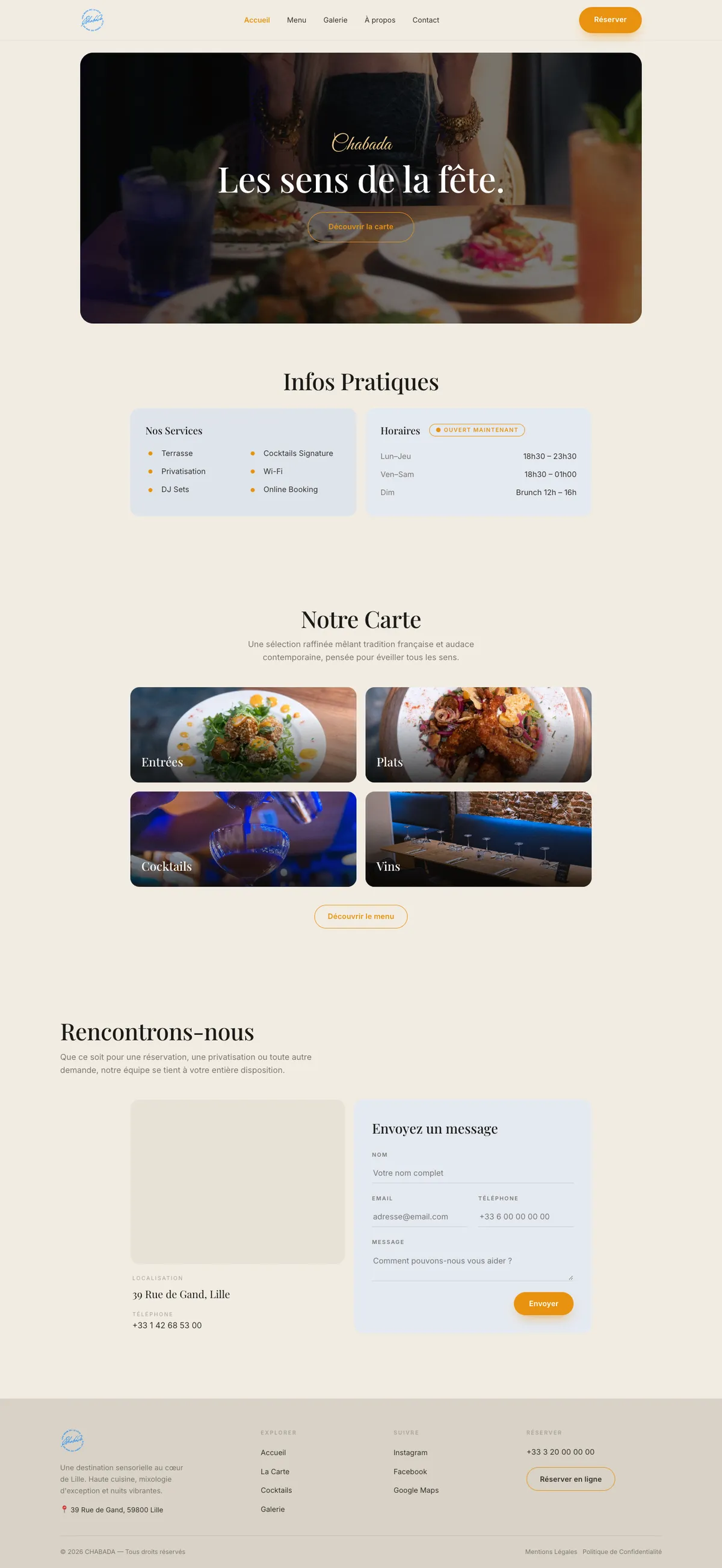 Chabada homepage: hero, practical info, menu preview, contact