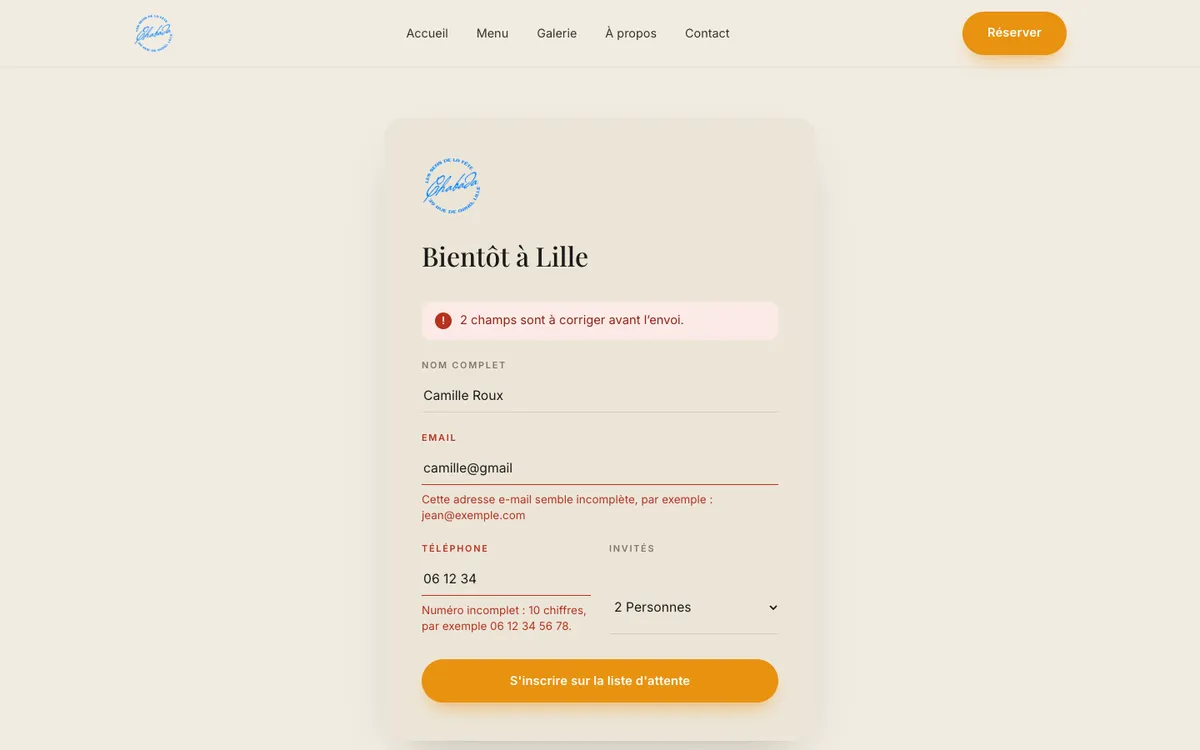 Waitlist form with an incomplete email and phone number