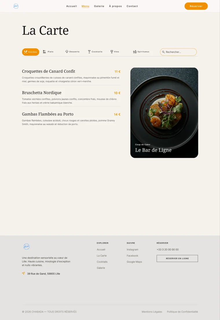 Chabada menu, La Carte