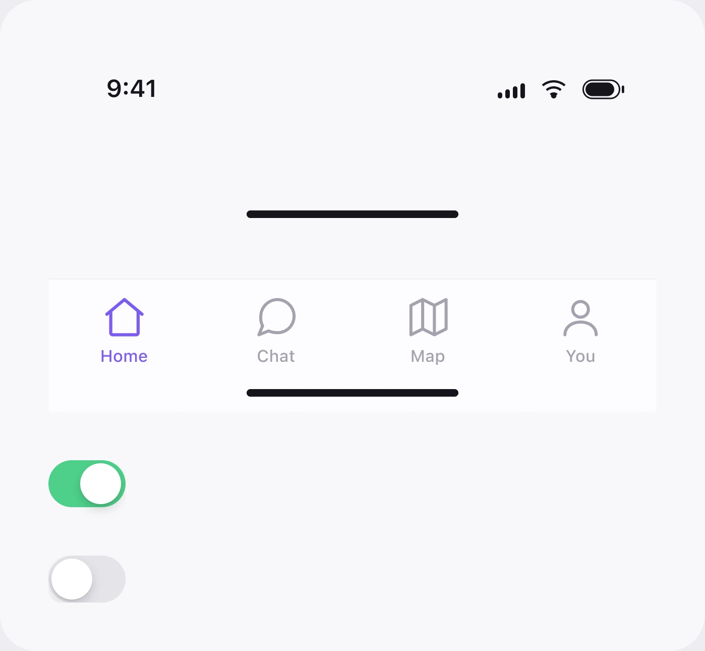 EchoMind chrome components, status bar, home indicator, tab bar, toggle