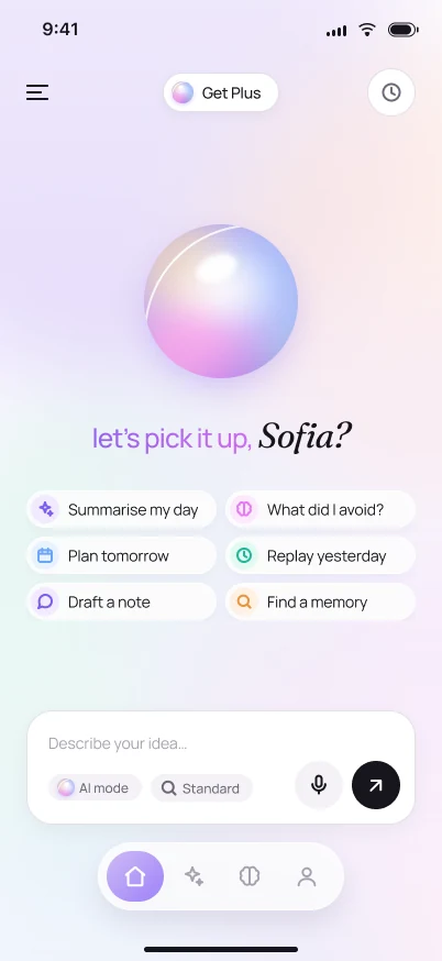 EchoMind home screen with the orb and suggestion chips