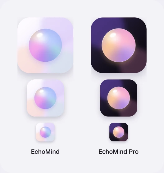 EchoMind icon previews, masked at three sizes