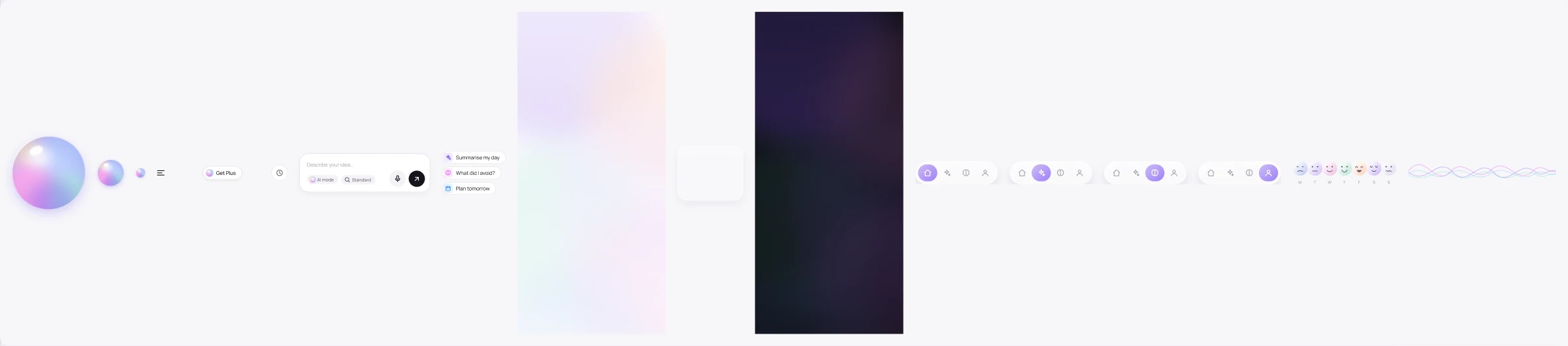 EchoMind kit: orb, composer, chips, mesh, glass, tab bar states, mood row, waveform