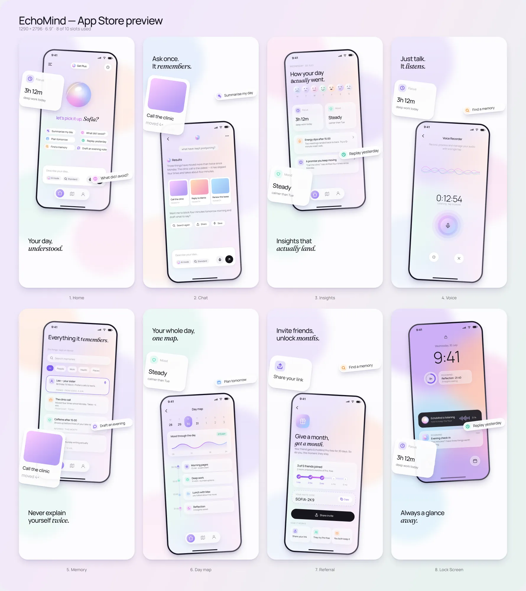 How the eight App Store shots read together