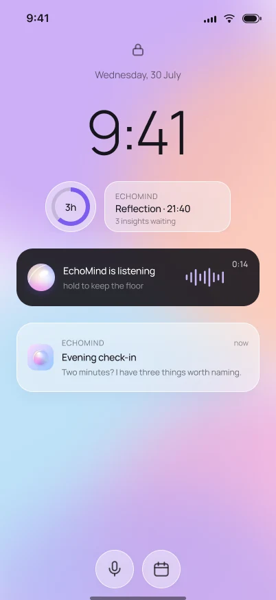 EchoMind Lock Screen with widgets and a Live Activity