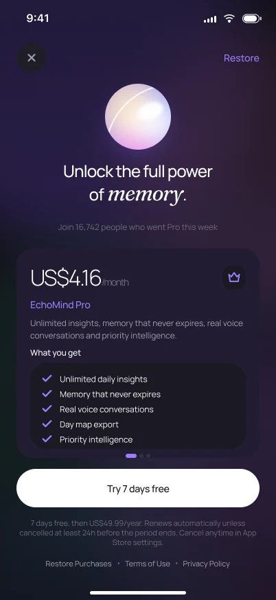 EchoMind paywall, dark