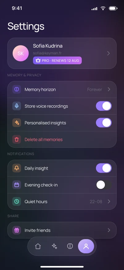EchoMind settings, dark