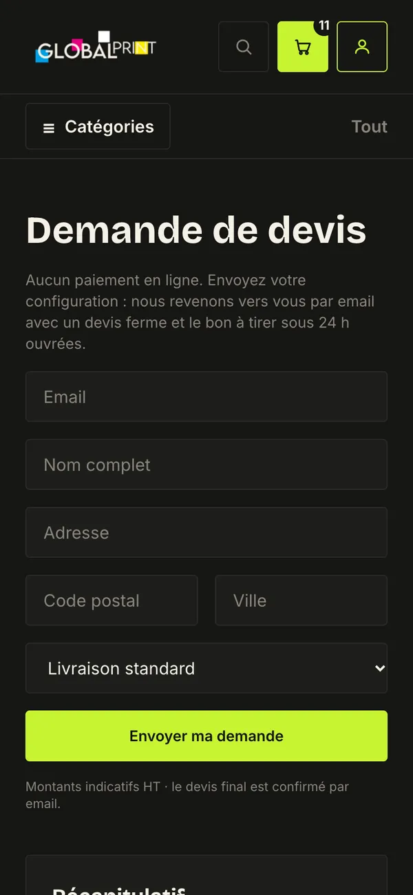 Mobile quote request form