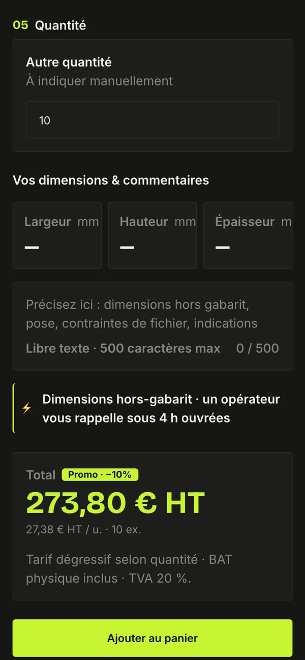 Mobile product configuration with quantity 10 and live total
