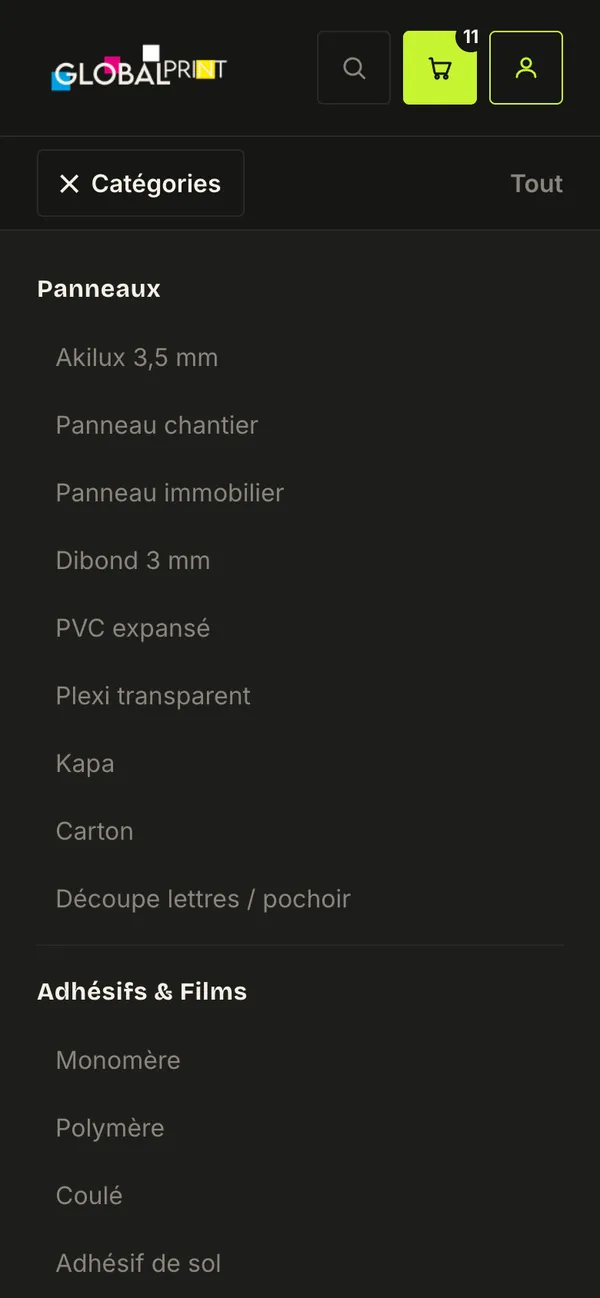 Mobile categories menu open on Panneaux