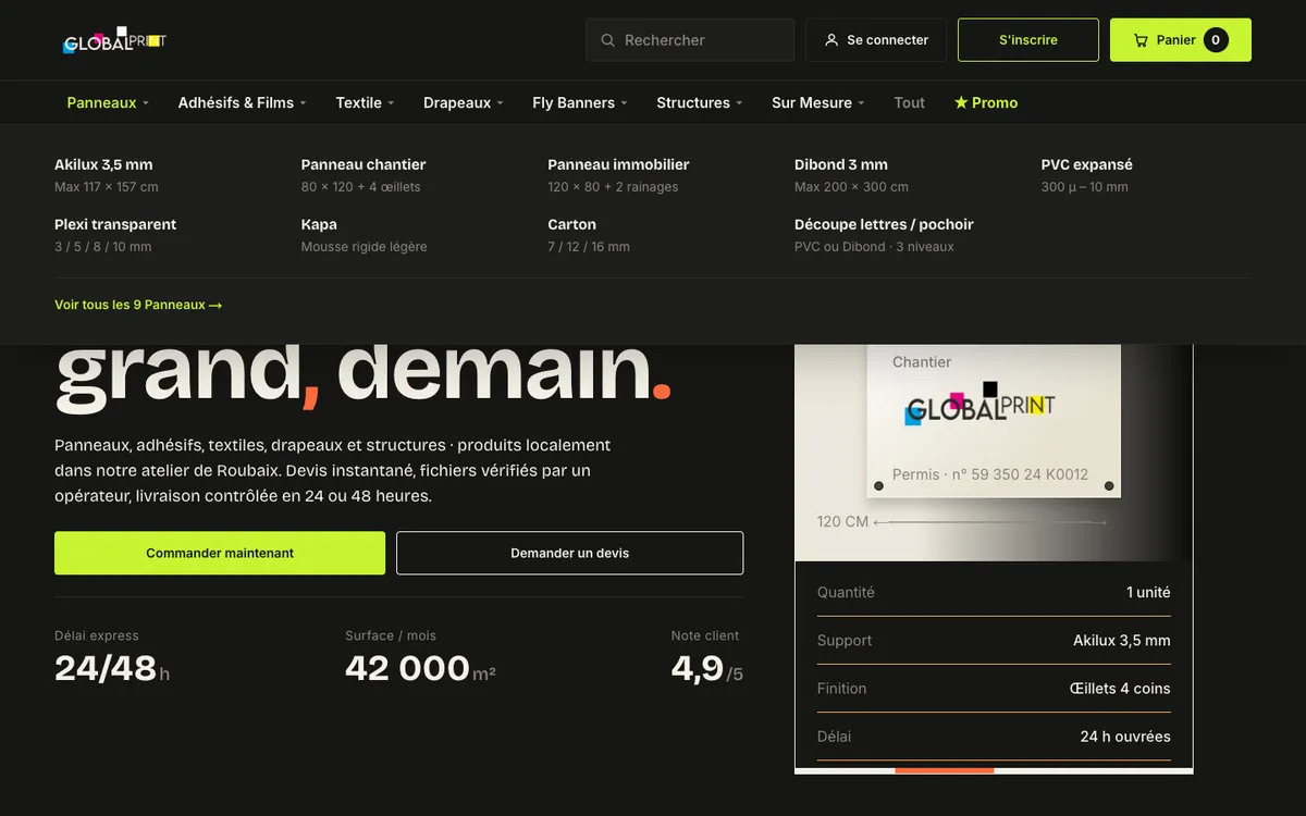 Mega menu open on Panneaux, listing nine panel products with a short spec each