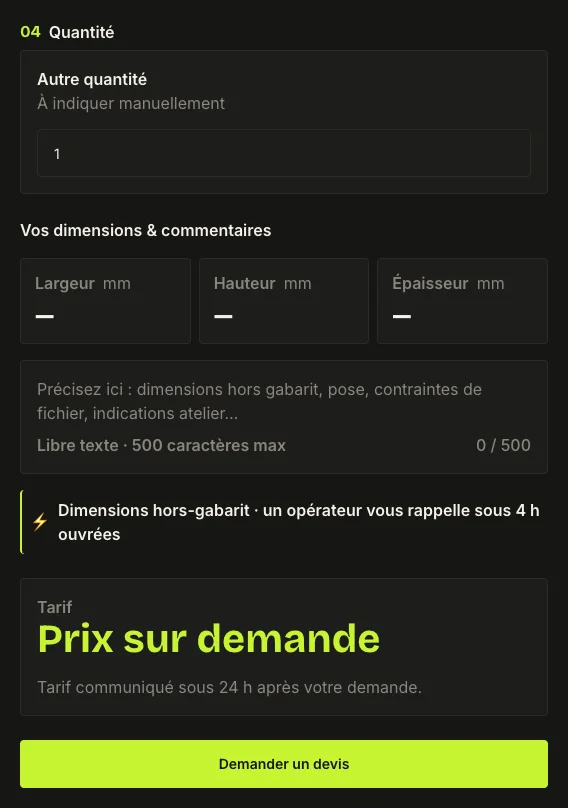Fly Banner Voile with Prix sur demande and a Demander un devis button