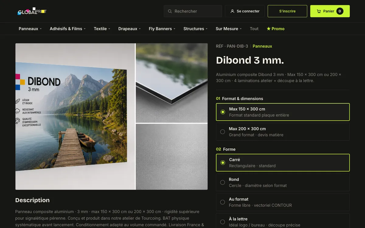 Dibond 3 mm product page: photos, description and the first option groups
