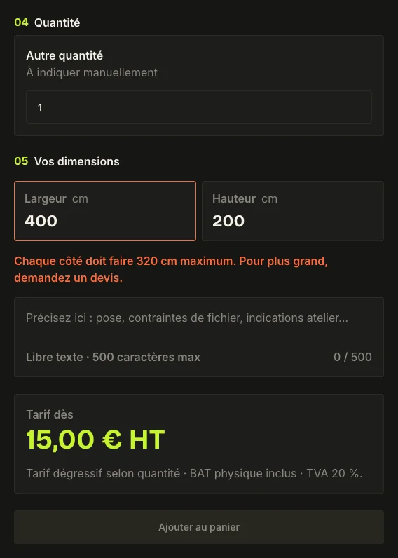 Wall flag with a width of 400 cm: red field, error message and disabled add-to-cart button