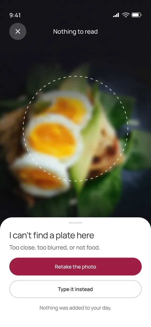 No food detected: I can't find a plate here, with Retake the photo and Type it instead