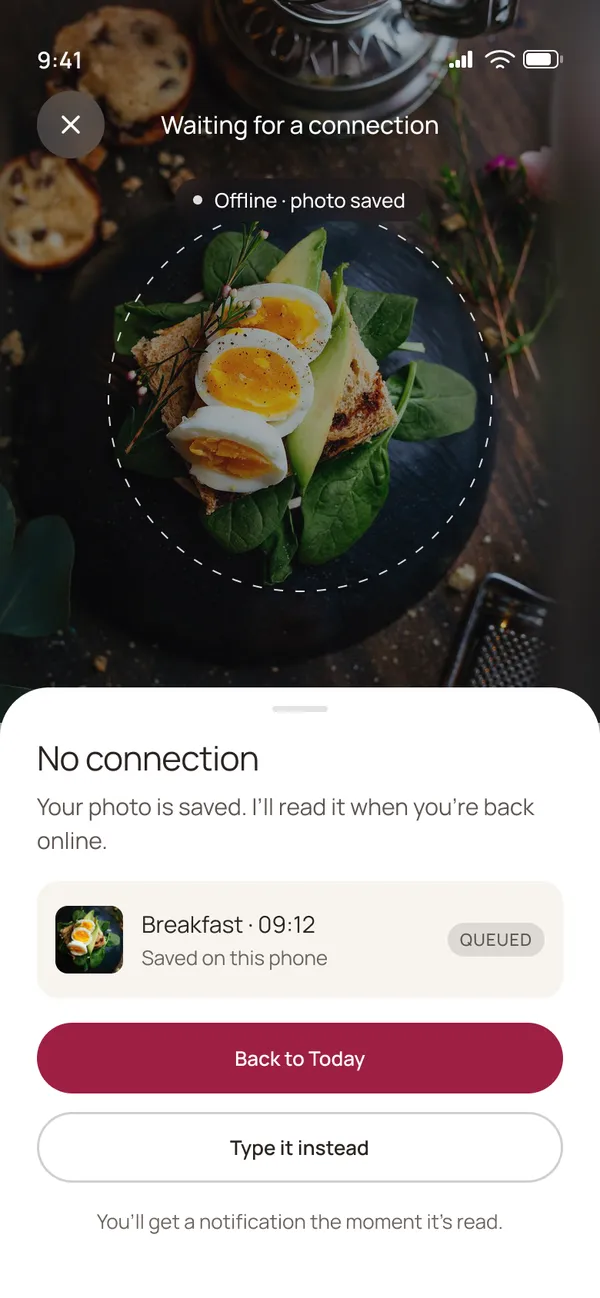 No connection: the photo is saved and queued, read when back online