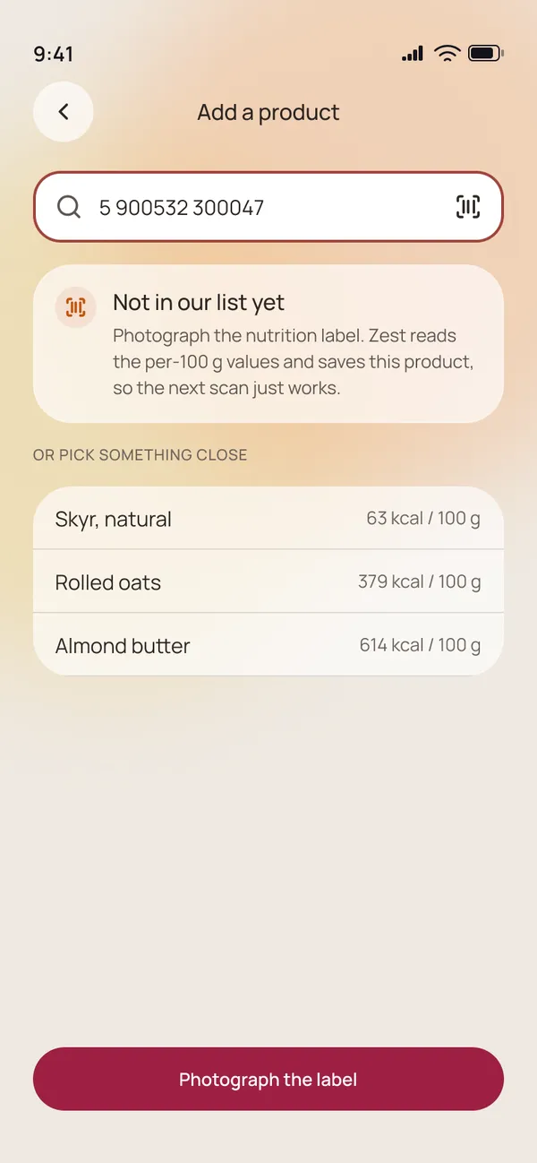 Barcode not found: not in our list yet, photograph the nutrition label