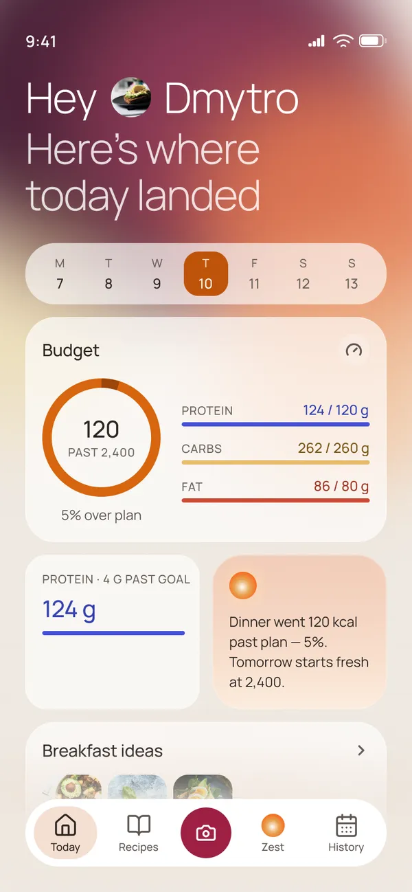 Daily target exceeded: Here's where today landed, 120 kcal past 2,400, tomorrow starts fresh
