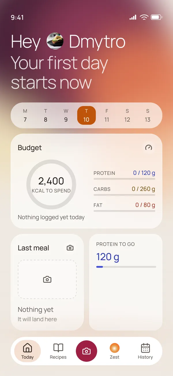 First day empty state: your first day starts now, 2,400 kcal to spend