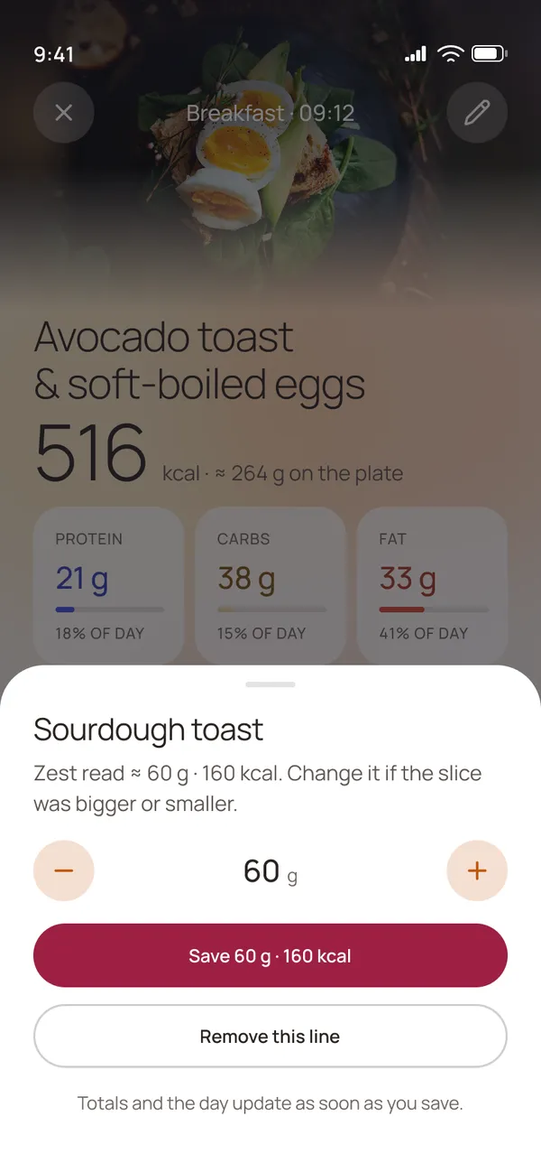 Correcting an estimate: sourdough toast, change 60 g if the slice was bigger or smaller