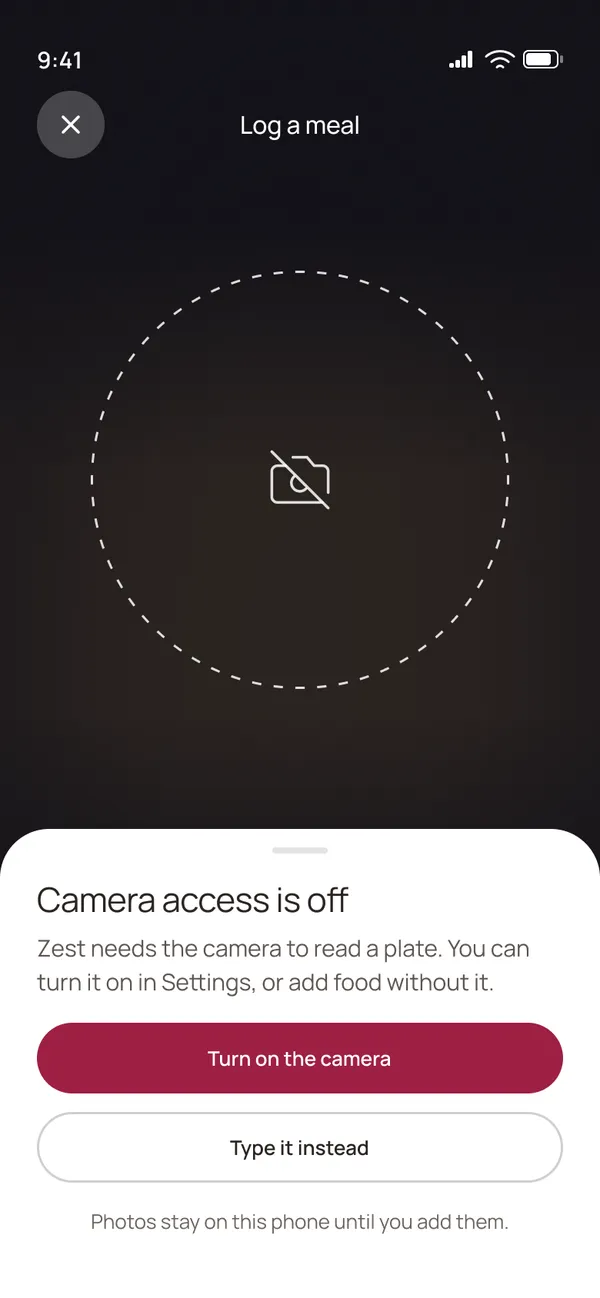 Camera access is off: turn on the camera or type it instead