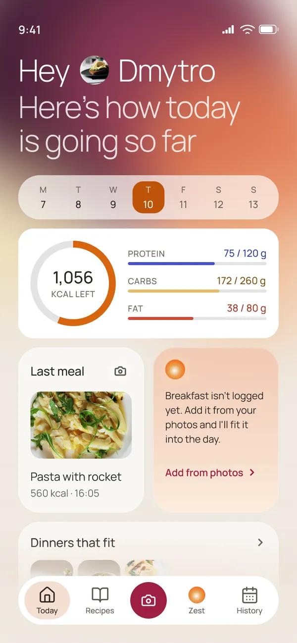 Today screen: week strip, 1,056 kcal left, macros, last meal and dinners that fit
