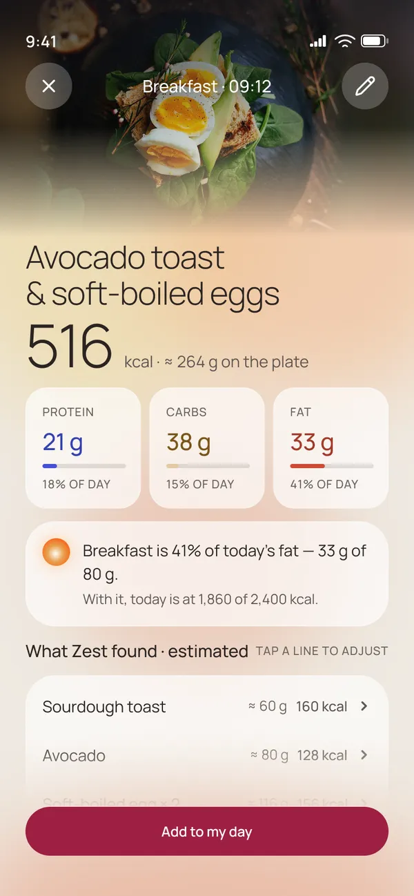 Result screen: avocado toast and soft-boiled eggs, 516 kcal, macros and an Add to my day button