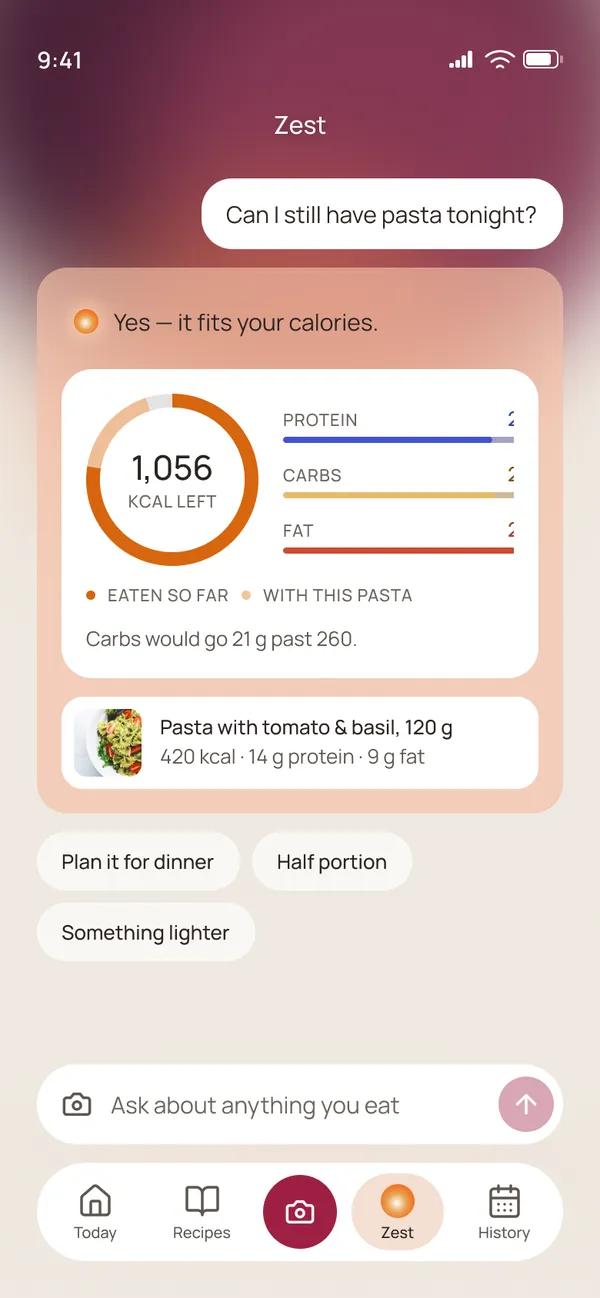 Ask Zest chat: Can I still have pasta tonight? Yes, it fits your calories, with a budget card and suggestions