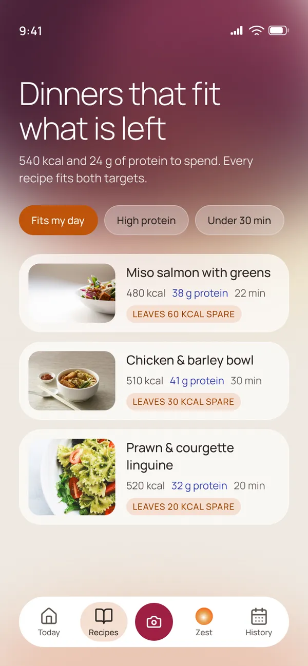 Recipes: dinners that fit what is left, with filters and recipe cards showing calories, protein and kcal spare
