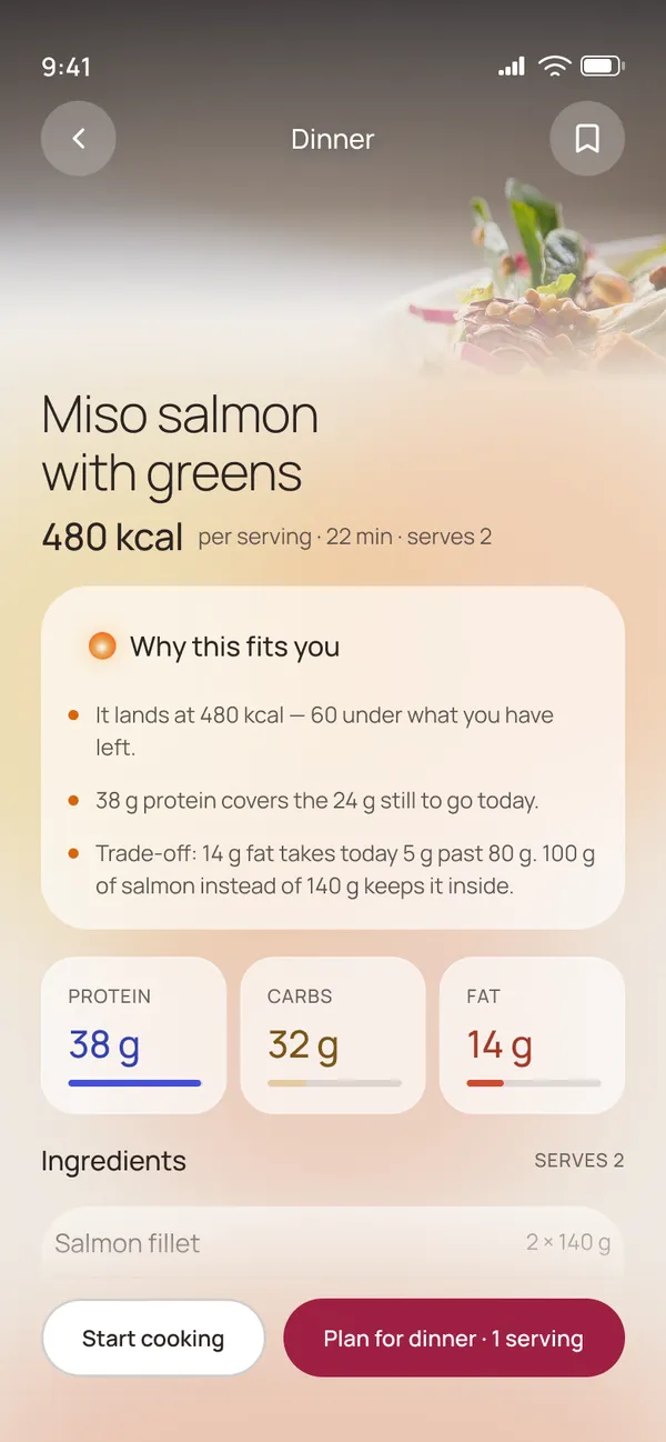 Recipe detail: miso salmon with greens, 480 kcal, why this fits you, macros and ingredients